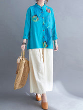 Printed Long Sleeves Loose Stand Collae Blouse